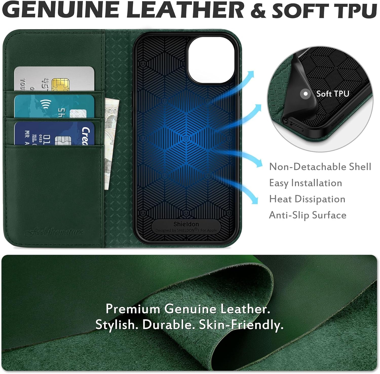 Case for Iphone 13, Genuine Leather Iphone 13 5G Wallet Folding Case with Kickstand RFID Blocking Card Slots Magnetic Shockproof Case Compatible with Iphone 13 5G (6.1" 2021) - Midnight Green