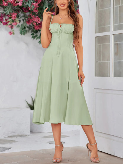 Y2K Flair™ Women'S Midi Dress – Solid Ruched Corset Waist, Square Neck Cami