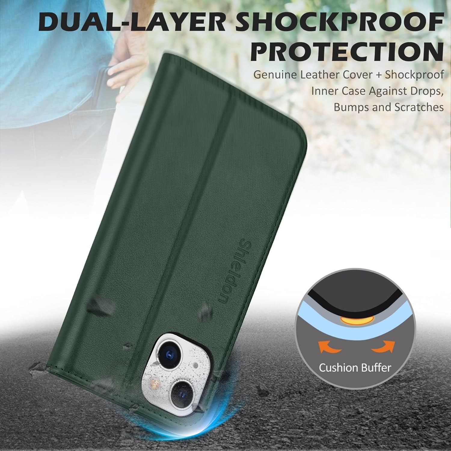 Case for Iphone 13, Genuine Leather Iphone 13 5G Wallet Folding Case with Kickstand RFID Blocking Card Slots Magnetic Shockproof Case Compatible with Iphone 13 5G (6.1" 2021) - Midnight Green