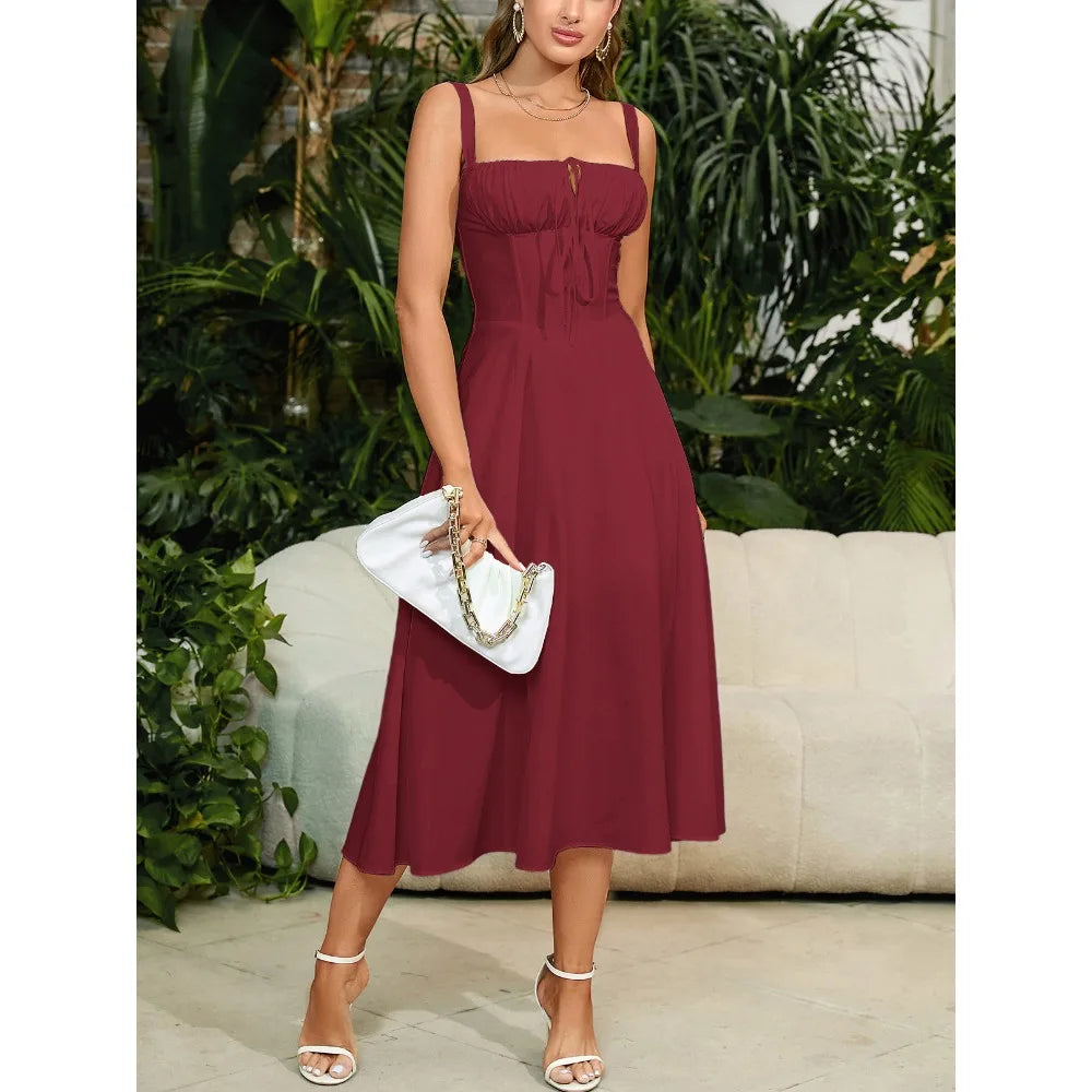 Y2K Flair™ Women'S Midi Dress – Solid Ruched Corset Waist, Square Neck Cami